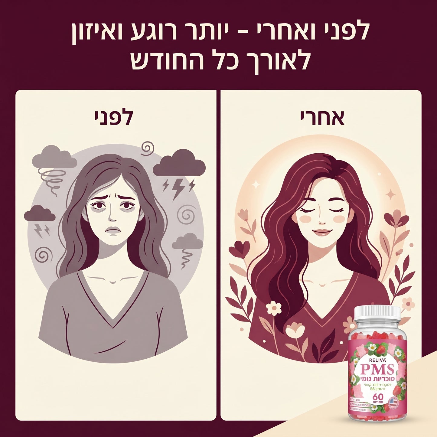 RELIVA Balance - תוסף גומי טבעי לימים שלפני, בזמן ואחרי המחזור